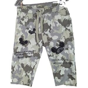 Vtg Womens Mickey Mouse Camo Elastic‎ Waist Drawstring Crop Pants Casual Size 30
